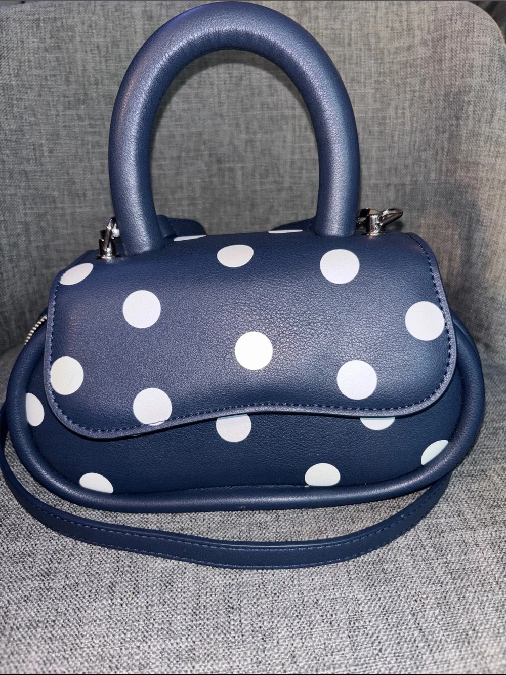 Melie Bianco Navy and White Polka Dot Mini Top-Handle Crossbody - Picture 1 of 2
